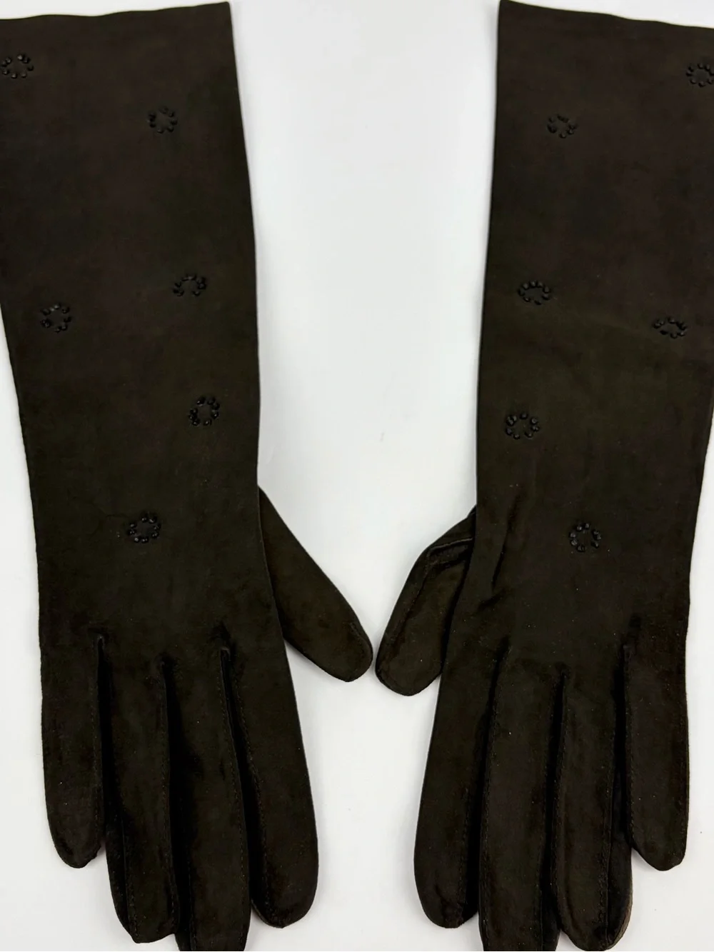 VTG 40s 50s Bloomingdale’s French Kid Suede Leather Beaded Brown Hand Gloves 7.5